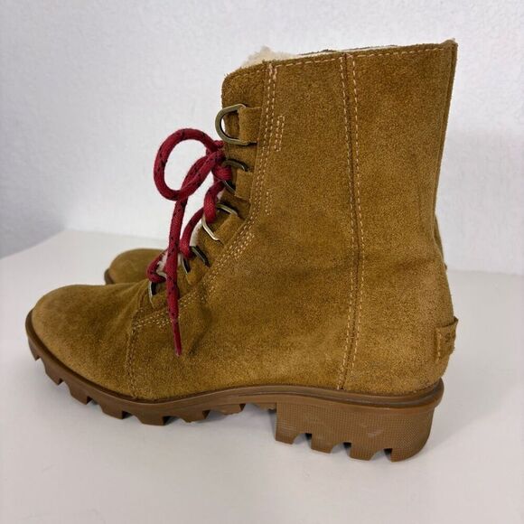 Sorel Tan Suede Sherpa Tongue Red Lace Up Mid Calf Combat Boots Women's Size 8 - Picture 2 of 11